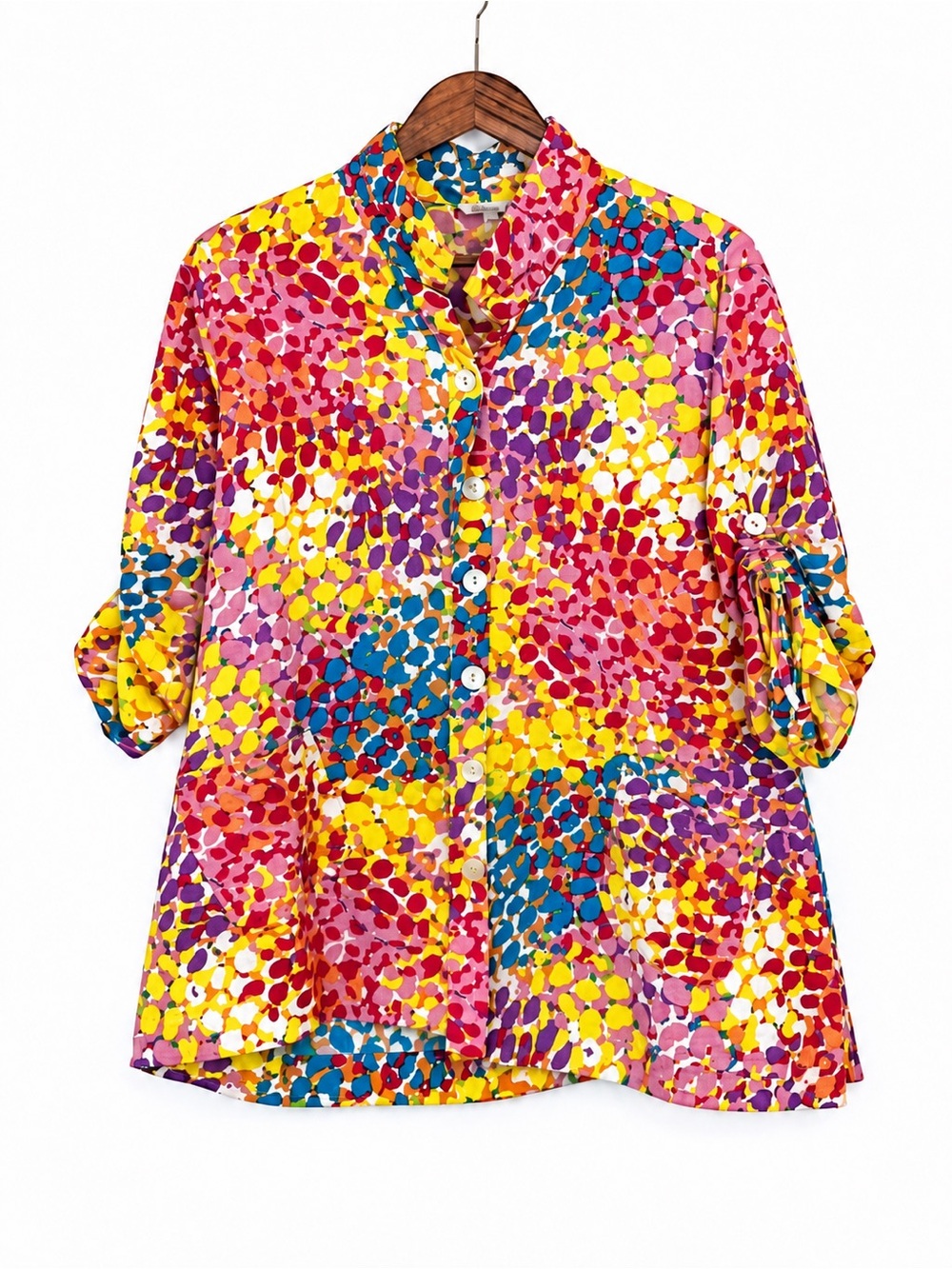 John Mark Abstract Multicolor Artsy Tunic Blouse Roll Tab Button Front Shirt